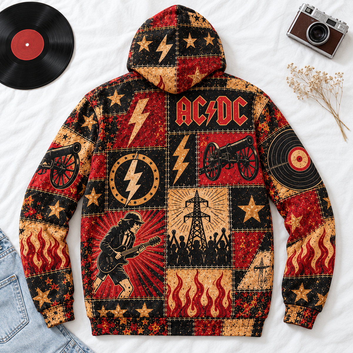 AC/DC Patchwork Hoodie – High Voltage Rock Band Pullover, Vintage Red Black Graphic Hoodie, Soft Fabric, AC/DC Fan Gift