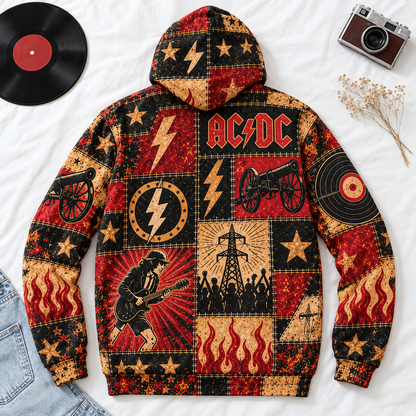 AC/DC Patchwork Hoodie – High Voltage Rock Band Pullover, Vintage Red Black Graphic Hoodie, Soft Fabric, AC/DC Fan Gift