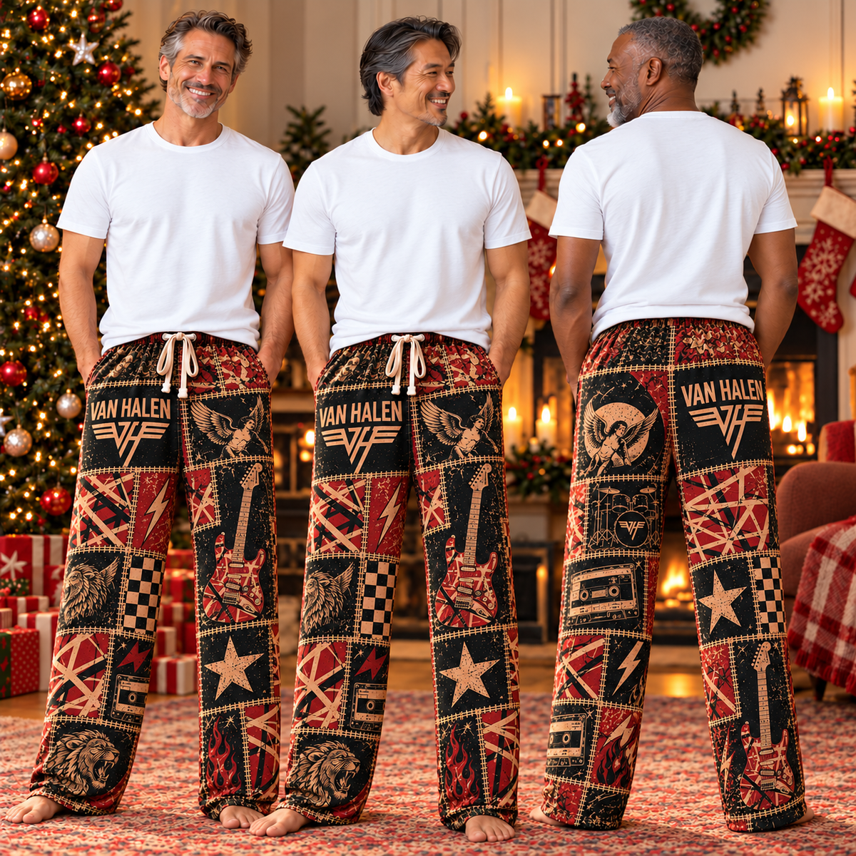 Van Halen Patchwork Pajama Pants - Vintage Hard Rock Art & Frankencaster Stripes Lounge Pants with Elastic Waistband, Adjustable Drawstring & Two Side Pockets