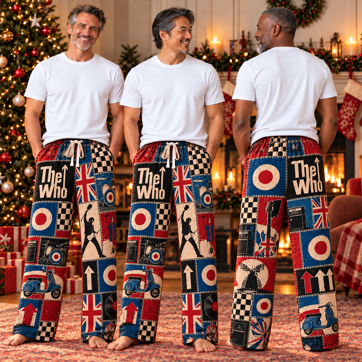The Who Patchwork Pajama Pants - Vintage British Mod Rock Art & Union Jack Lounge Pants with Elastic Waistband, Adjustable Drawstring & Two Side Pockets