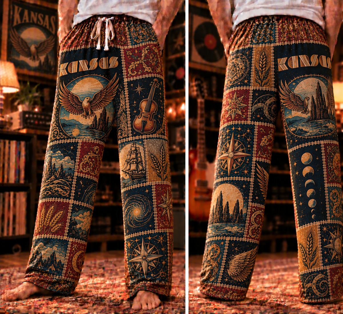 Kansas Pajama Pants - Patchwork Progressive Rock & Eagle Art | Comfortable Music Fan Lounge Pants, Rock Fan Gift