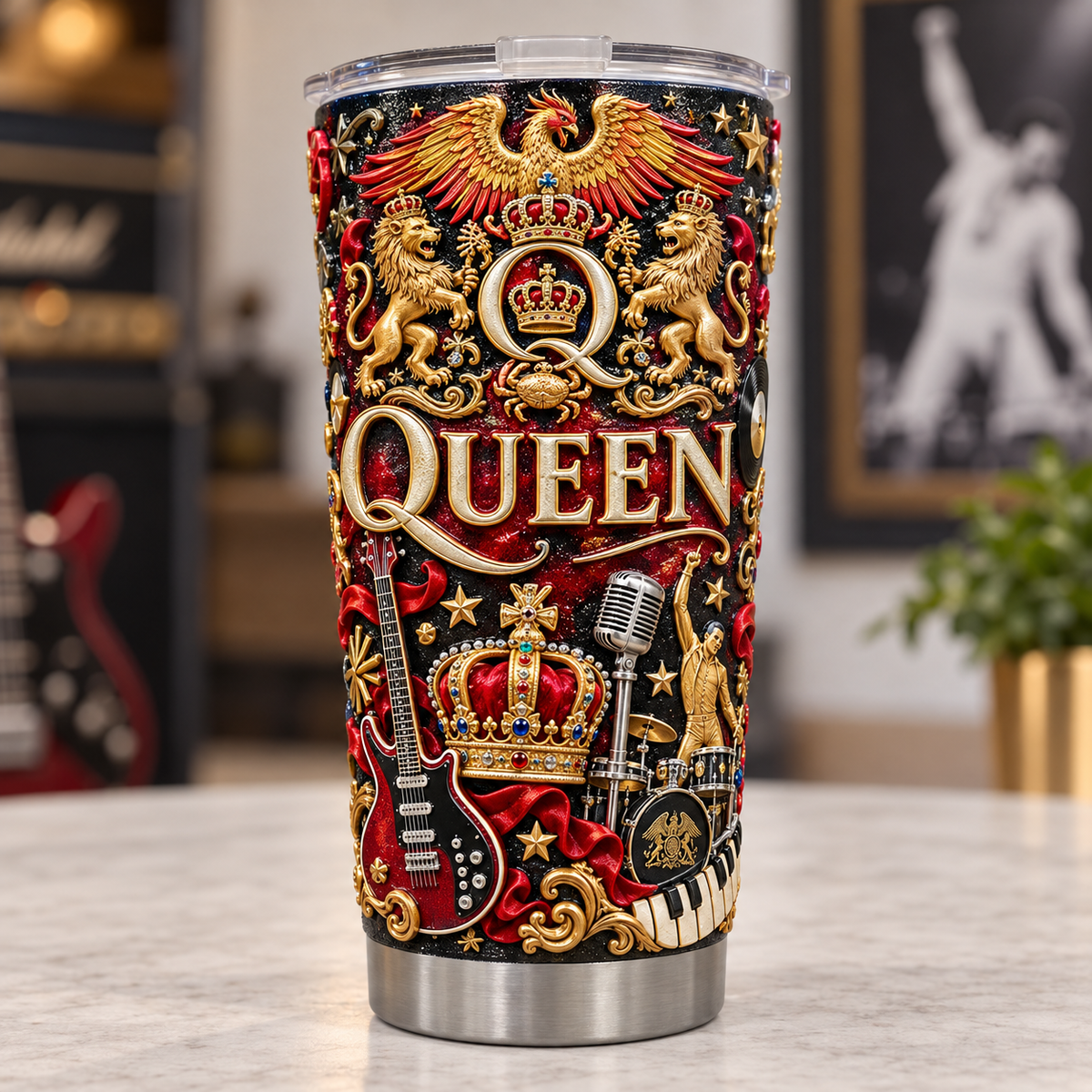 Queen 3D Printed Tumbler - 20oz Stainless Steel Insulated Travel Coffee Mug with Lid - Classic Rock Band Music Merchandise Gift
