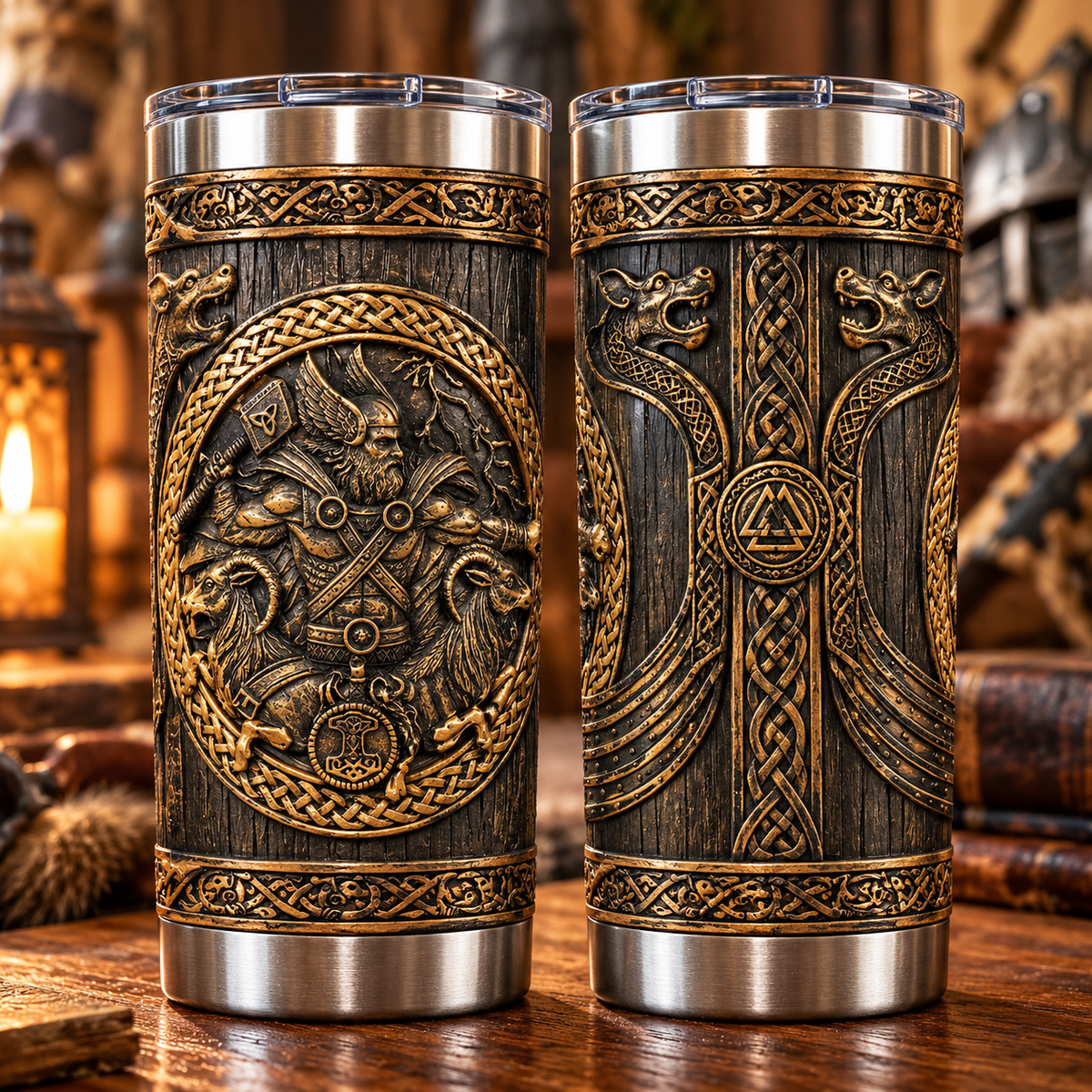 3D Printed Ancient Viking Thor & Mjolnir Tumbler - Norse Mythology Fantasy Stainless Steel Drinkware