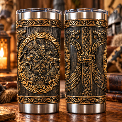 3D Printed Ancient Viking Thor & Mjolnir Tumbler - Norse Mythology Fantasy Stainless Steel Drinkware