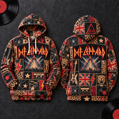 Def Leppard Patchwork Hoodie – Vintage 80s Rock Band Graphic Pullover, Retro British Hard Rock Hoodie, Def Leppard Fan Gift