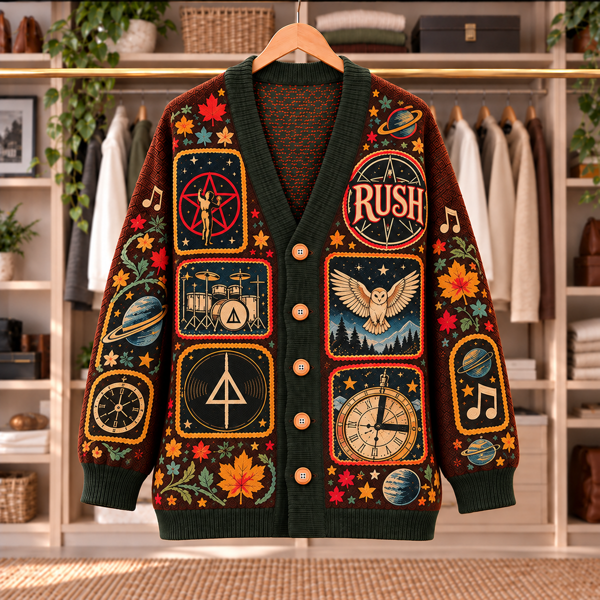 Rush Patchwork Knitted Cardigan - Casual Oversized Button Sweater, Starman Drum Kit Prog Rock Music Fan Gift