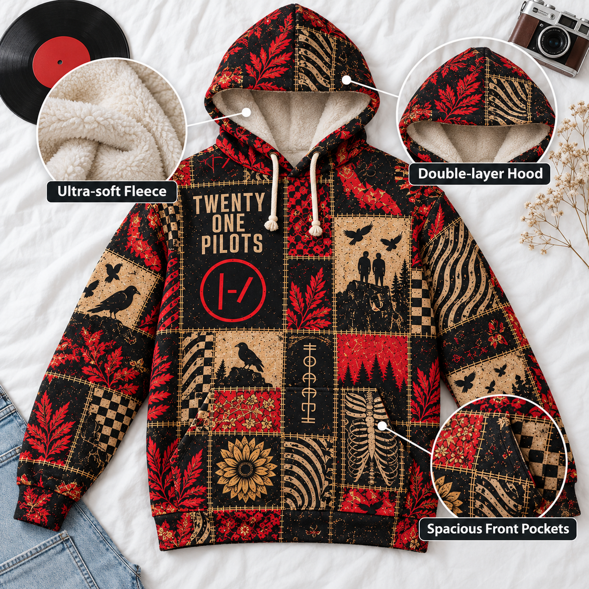 Twenty One Pilots Patchwork Sherpa Hoodie – Ultra Soft Fleece Pullover, Double Layer Hood, Alternative Rock Band Fan Gift