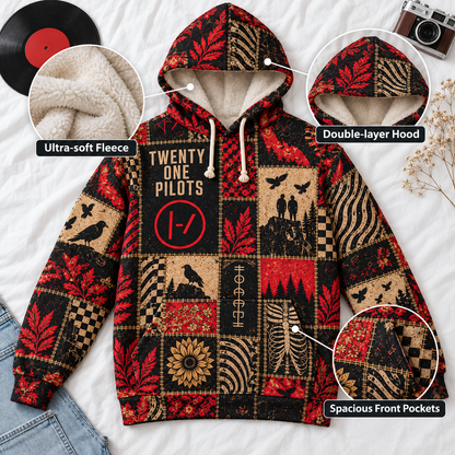 Twenty One Pilots Patchwork Sherpa Hoodie – Ultra Soft Fleece Pullover, Double Layer Hood, Alternative Rock Band Fan Gift