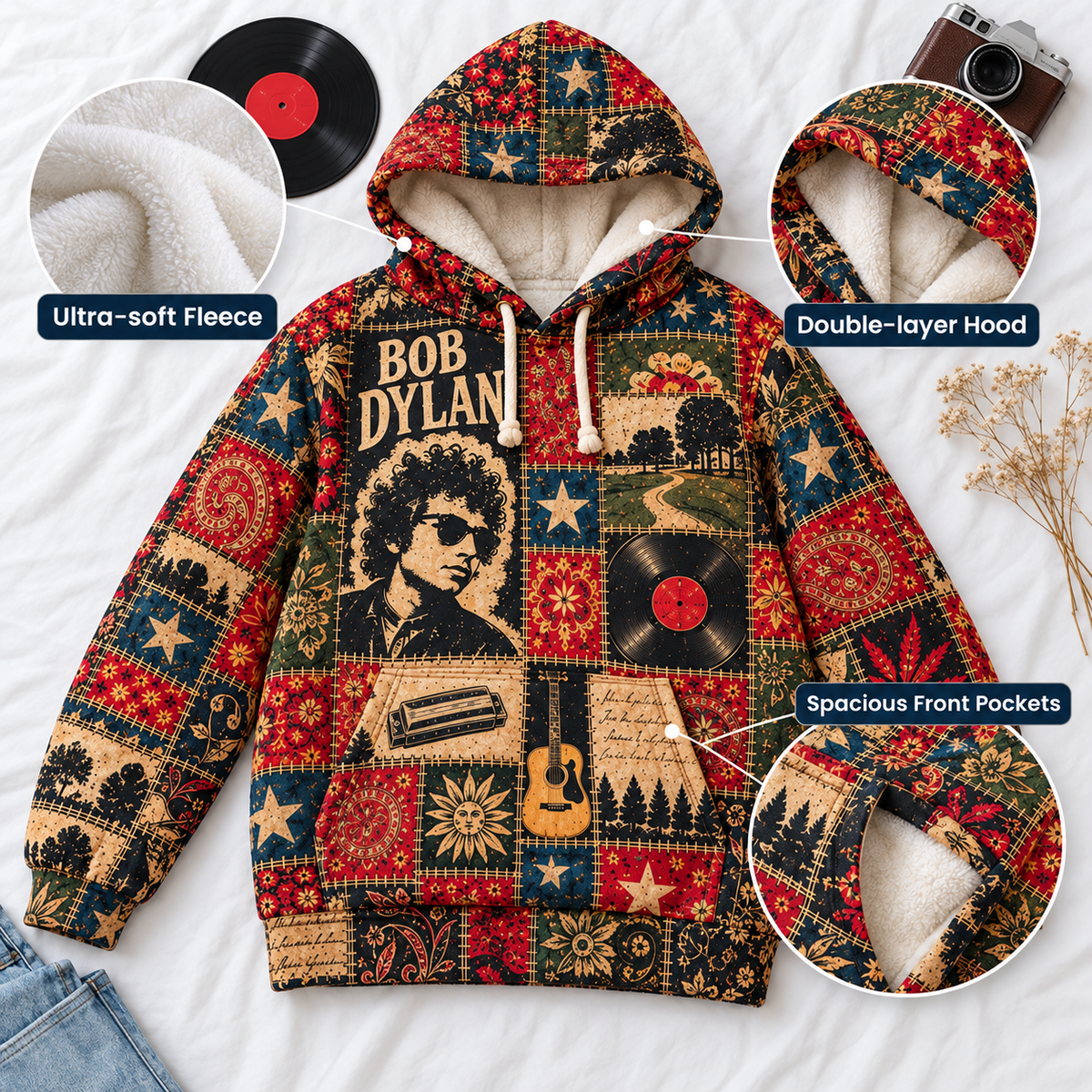Bob Dylan Patchwork Sherpa Hoodie – Vintage Folk Rock Pullover, Retro Floral Graphic Hoodie, Ultra Soft Fleece, Bob Dylan Fan Gift