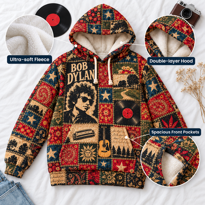 Bob Dylan Patchwork Sherpa Hoodie – Vintage Folk Rock Pullover, Retro Floral Graphic Hoodie, Ultra Soft Fleece, Bob Dylan Fan Gift