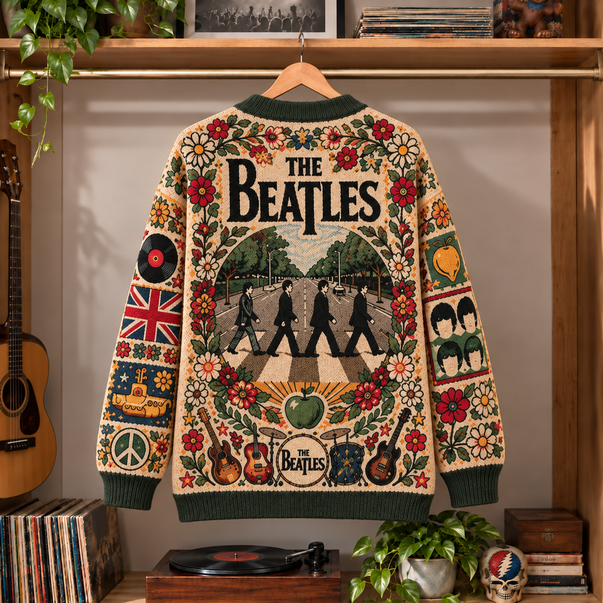 The Beatles Retro Rock Knit Cardigan - Vintage Style British Rock Button Down Sweater, Unique Yellow Submarine Band Merchandise Fan Outfit