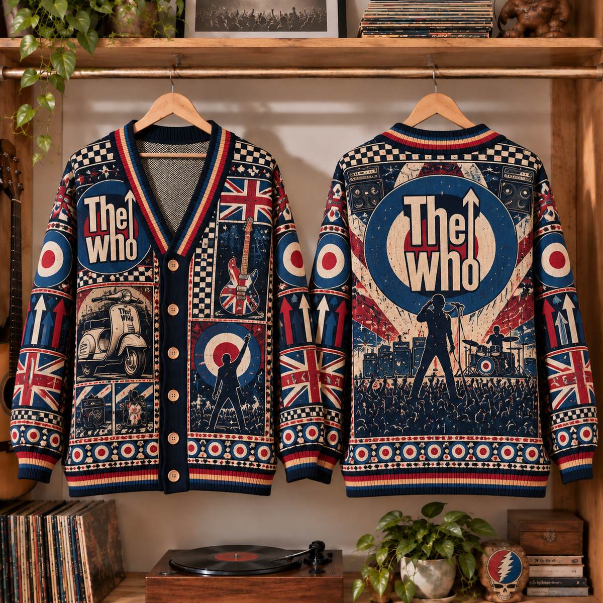 The Who Retro Rock Knit Cardigan - Vintage Style British Invasion Button Down Sweater, Unique Mod Target Scooter Band Merchandise Fan Outfit