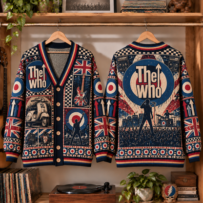 The Who Retro Rock Knit Cardigan - Vintage Style British Invasion Button Down Sweater, Unique Mod Target Scooter Band Merchandise Fan Outfit