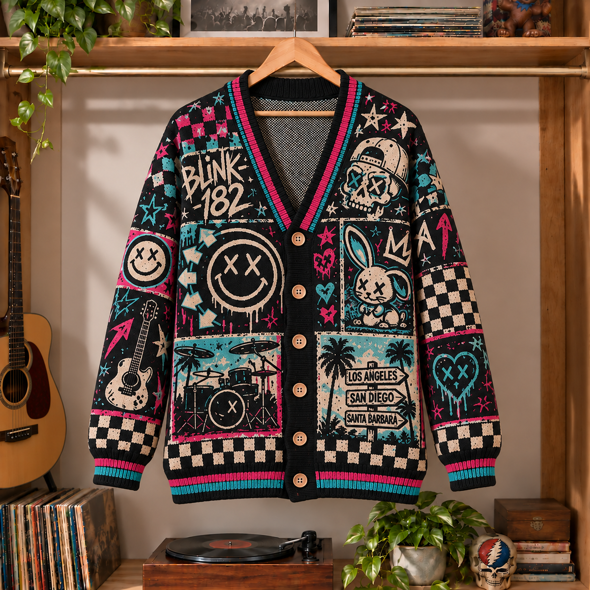 Blink-182 Retro Punk Rock Knit Cardigan - Vintage Style Album Graphic Button Down Sweater, Unique California Pop-Punk Band Merchandise Fan Outfit