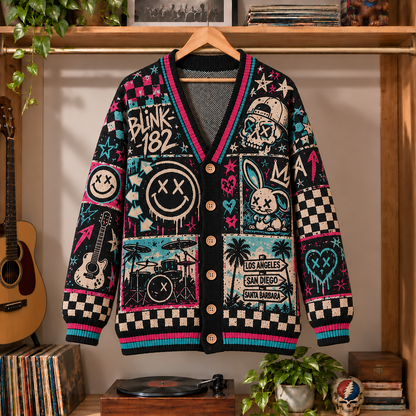 Blink-182 Retro Punk Rock Knit Cardigan - Vintage Style Album Graphic Button Down Sweater, Unique California Pop-Punk Band Merchandise Fan Outfit