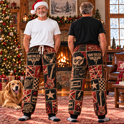 Van Halen Patchwork Pajama Pants - Vintage Hard Rock Art & Frankencaster Stripes Lounge Pants with Elastic Waistband, Adjustable Drawstring & Two Side Pockets