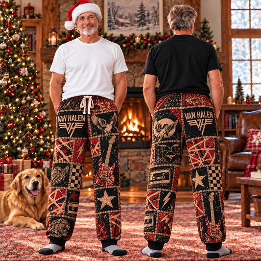 Van Halen Patchwork Pajama Pants - Vintage Hard Rock Art & Frankencaster Stripes Lounge Pants with Elastic Waistband, Adjustable Drawstring & Two Side Pockets
