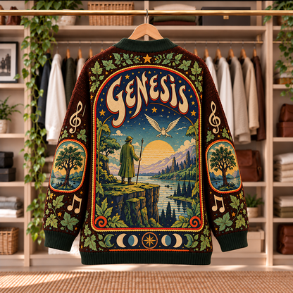 Genesis Patchwork Knitted Cardigan - Casual Oversized Button Sweater, Prog Rock Chessboard Clock Music Fan Gift