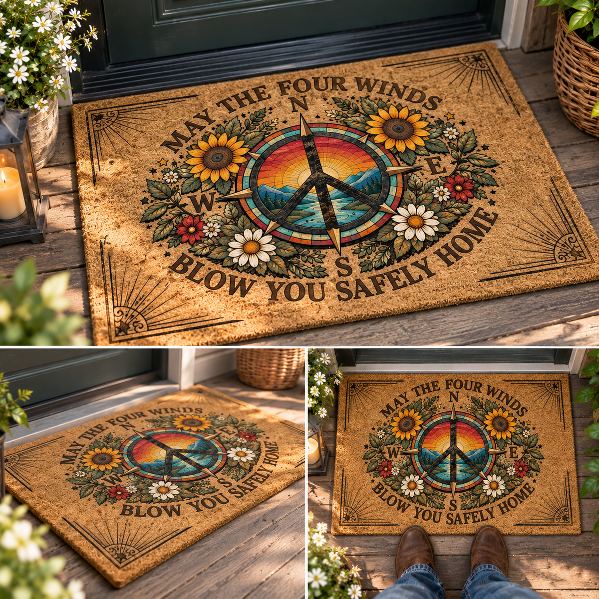 May the Four Winds Blow You Safely Home Doormat, Peace Sign Compass Welcome Mat, Sunflower Boho Door Mat, Grateful Dead Inspired Home Decor