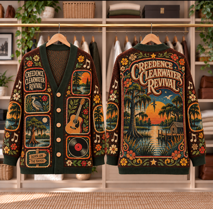 Creedence Clearwater Revival Patchwork Cardigan - Casual Button Sweater, Born on the Bayou Swamp Rock Music Fan Gift