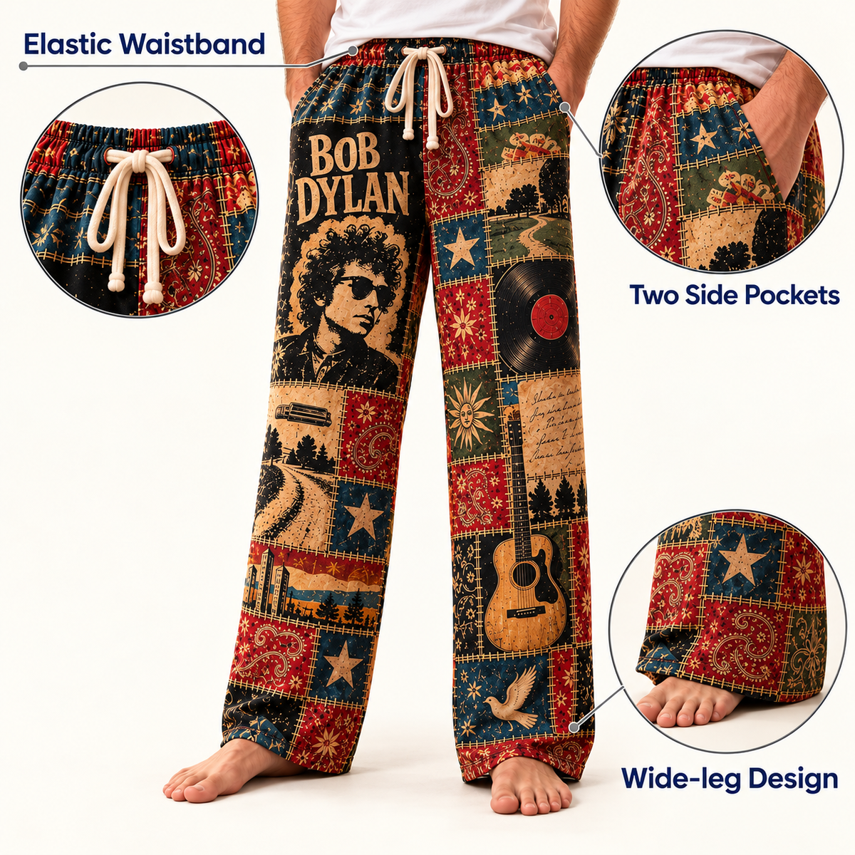 Bob Dylan Pajama Pants - Patchwork Folk Rock Art Sleepwear | Comfortable Music Fan Pajama Pants