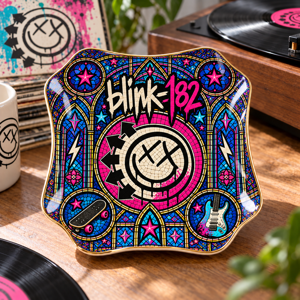 Blink-182 Ceramic Ring Dish - Pop Punk Stained Glass Jewelry Tray, Smiley Face Logo Trinket Dish Fan Gift