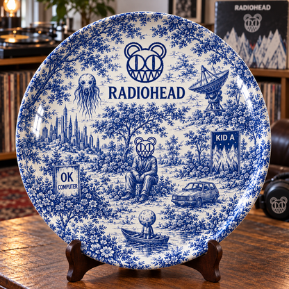 Radiohead Toile de Jouy Ceramic Plate - Decorative Wall & Table Display Dish, Blue Kid A OK Computer Rock Fan Gift