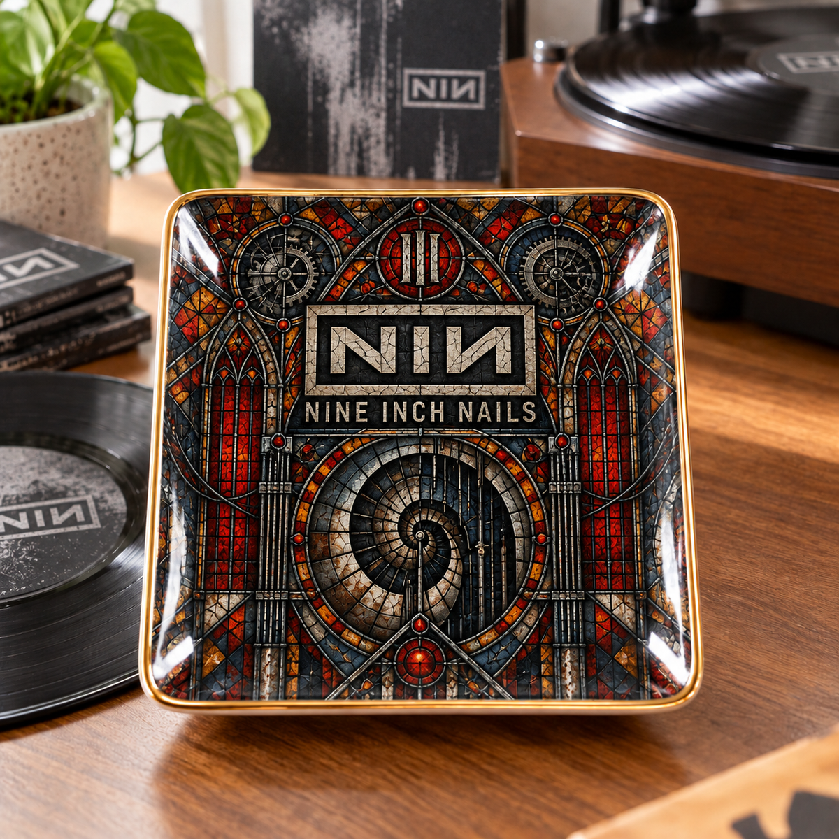 Nine Inch Nails Ceramic Ring Dish - Industrial Rock Stained Glass Jewelry Tray, NIN Spiral Trinket Dish Fan Gift