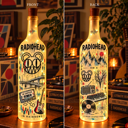 Radiohead Vintage Lighted Bottle Lamp - Premium Alternative Rock Music Merchandise, Modified Bear & OK Computer LED Fairy Light Up Bottle Night Light