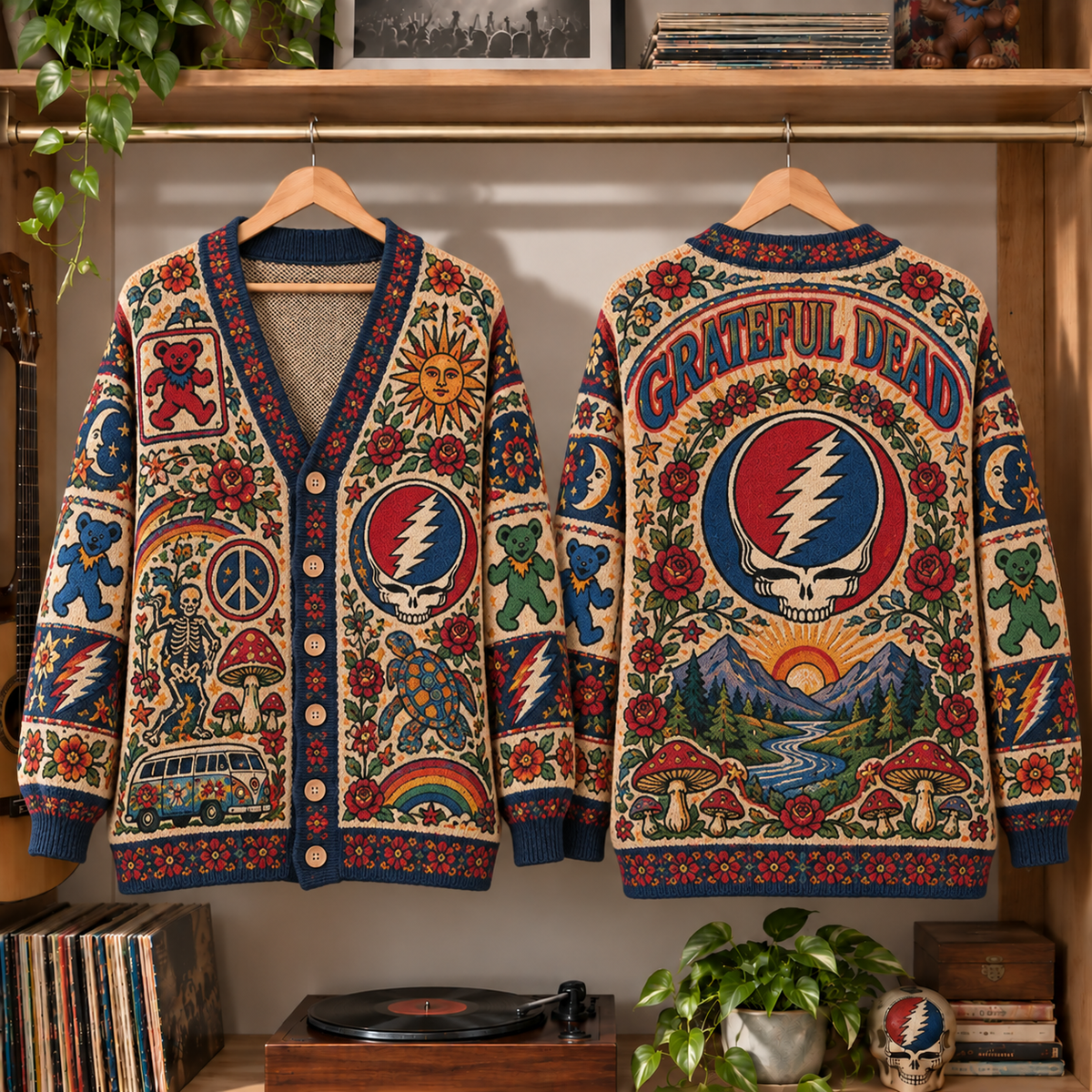 Grateful Dead Retro Rock Knit Cardigan - Vintage Style Jam Band Button Down Sweater, Unique Psychedelic Hippie Music Merchandise Fan Outfit