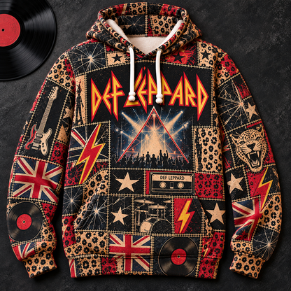 Def Leppard Patchwork Hoodie – Vintage 80s Rock Band Graphic Pullover, Retro British Hard Rock Hoodie, Def Leppard Fan Gift