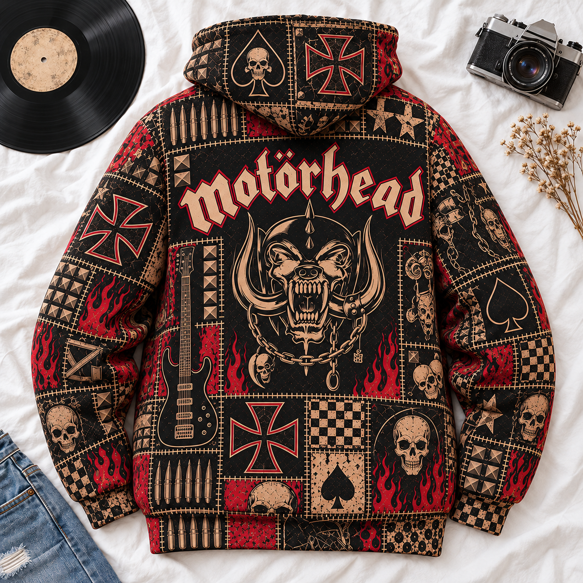 Motörhead Patchwork Hoodie – Vintage Heavy Metal Graphic Pullover, Snaggletooth Skull Sweatshirt, Retro Rock Band Fan Gift, Unisex Biker Hoodie