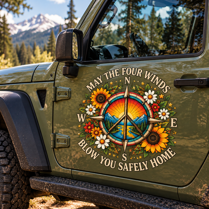 May the Four Winds Blow You Safely Home Car Decal, Peace Sign Compass Vehicle Sticker, Sunflower Jeep Decal, Boho Road Trip Car Decor