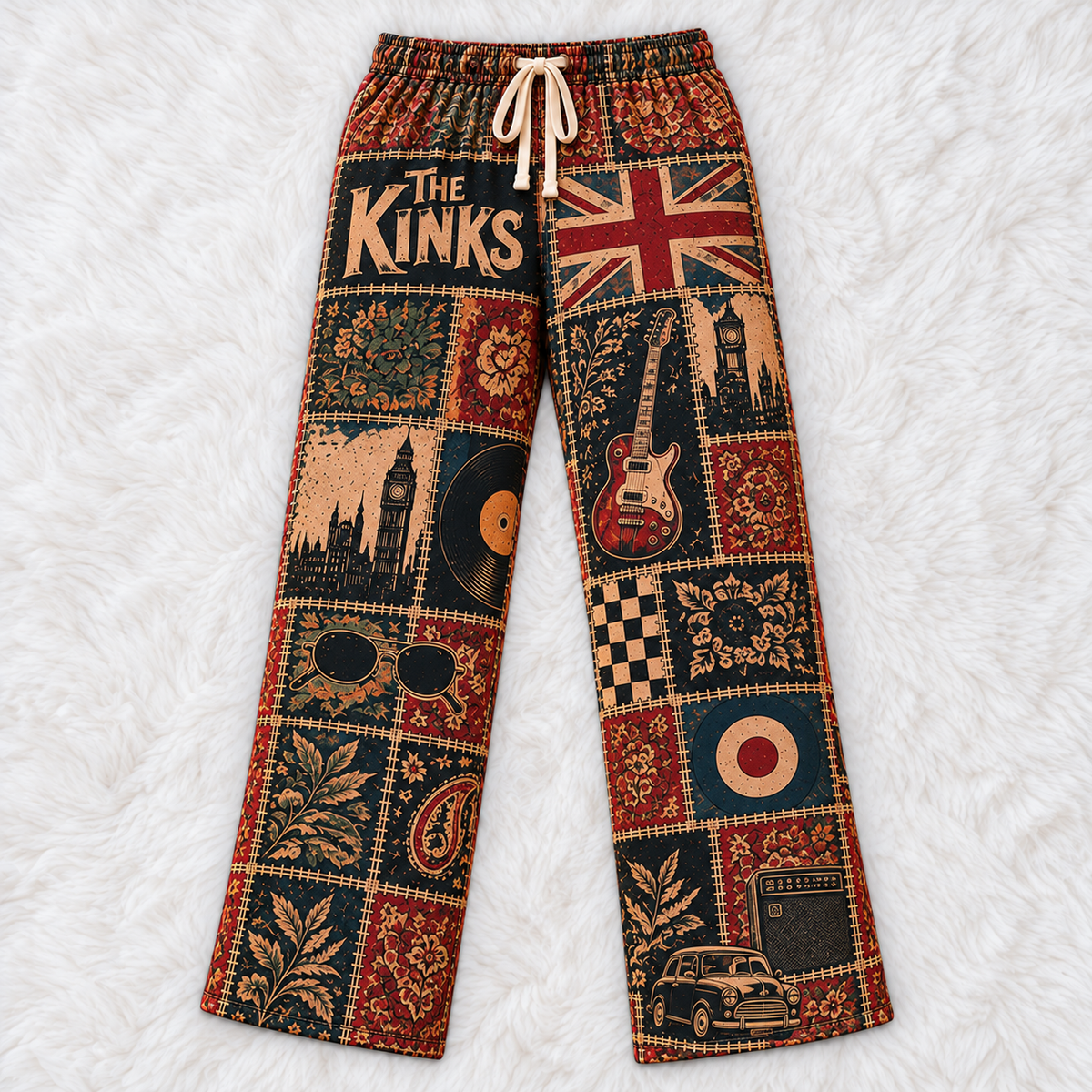 The Kinks Patchwork Pajama Pants - Vintage British Invasion Rock Art & Union Jack Flag Lounge Pants with Elastic Waistband, Adjustable Drawstring & Two Side Pockets