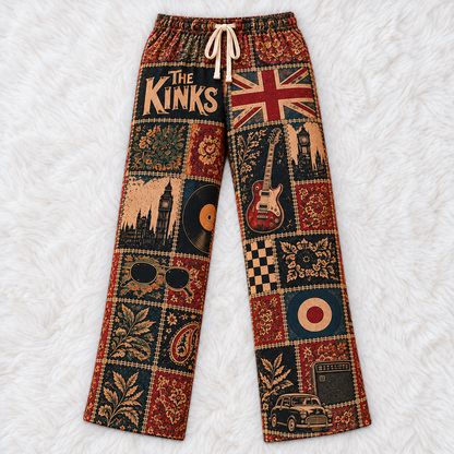 The Kinks Patchwork Pajama Pants - Vintage British Invasion Rock Art & Union Jack Flag Lounge Pants with Elastic Waistband, Adjustable Drawstring & Two Side Pockets