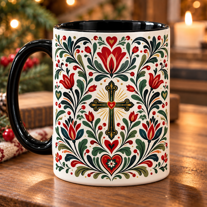 Folk Art Jesus Ceramic Coffee Mug | Sacred Heart & Cross Christian Cup, Christian Faith Gift Cup