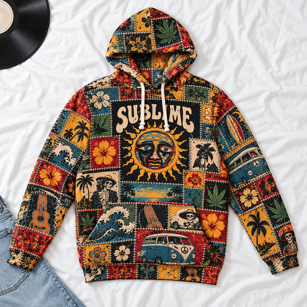 Sublime Patchwork Hoodie – Vintage Reggae Rock Graphic Pullover, Sun Face & Tropical Floral Design, Retro 90s Ska Punk Sweatshirt