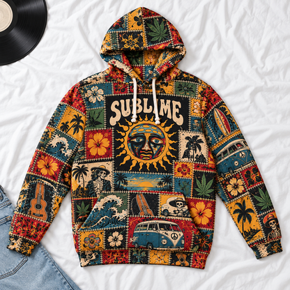 Sublime Patchwork Hoodie – Vintage Reggae Rock Graphic Pullover, Sun Face & Tropical Floral Design, Retro 90s Ska Punk Sweatshirt