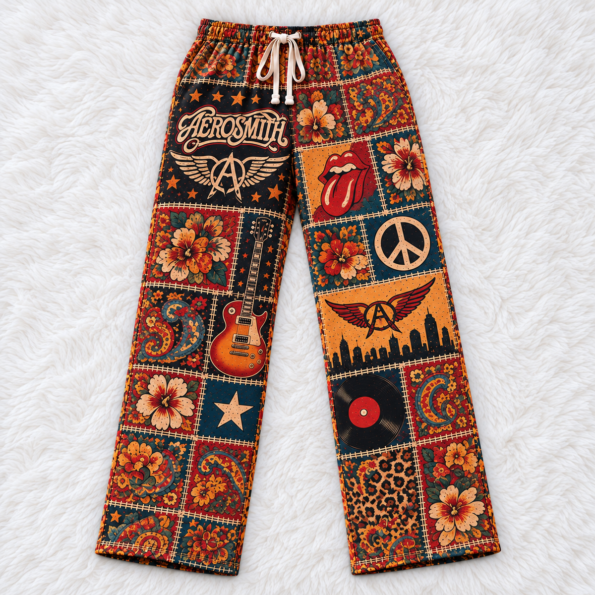 Aerosmith Pajama Pants - Patchwork Classic Rock Art Sleepwear, Comfortable Music Fan Lounge Pants