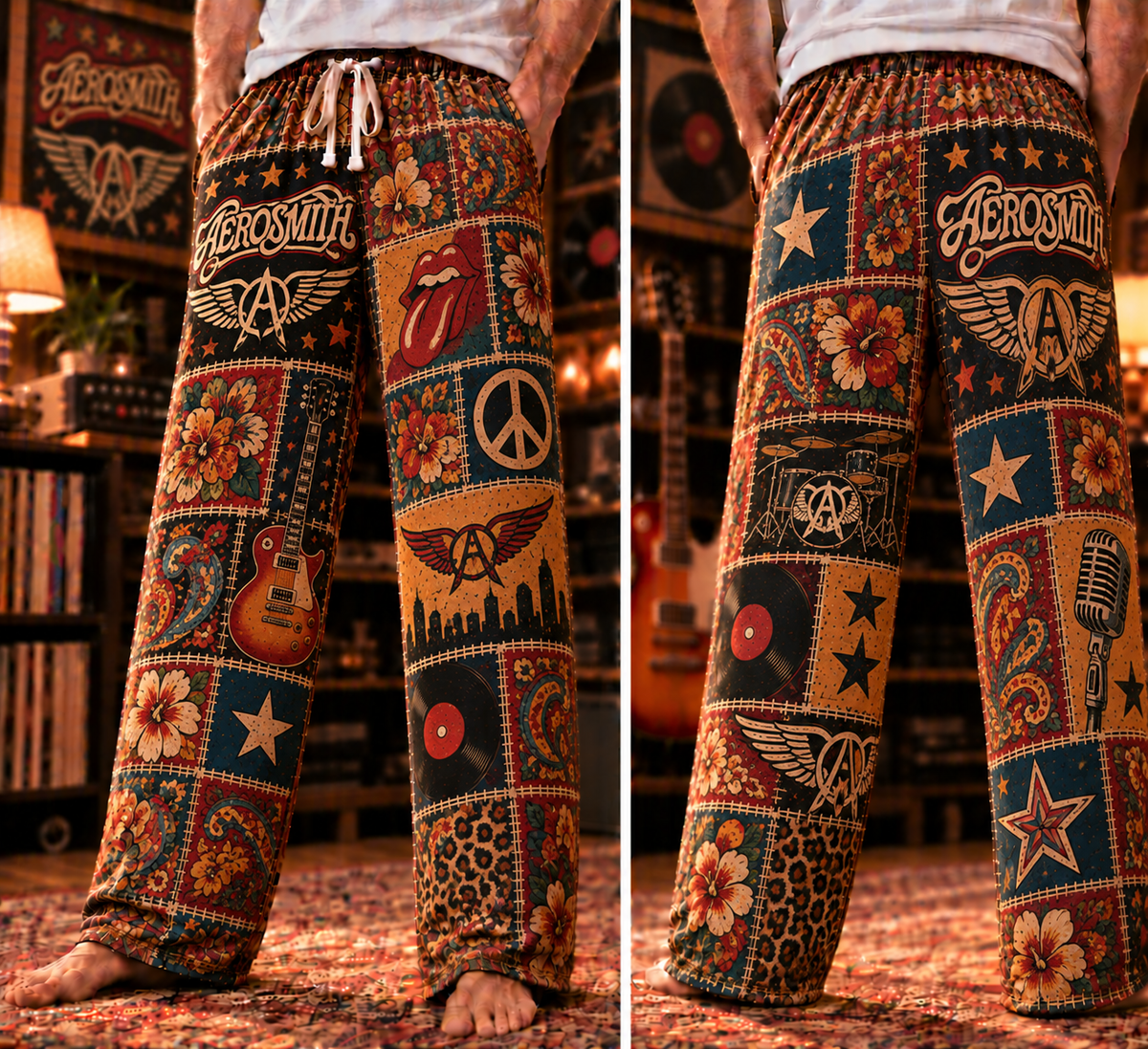 Aerosmith Pajama Pants - Patchwork Classic Rock Art Sleepwear, Comfortable Music Fan Lounge Pants