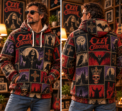 Ozzy Osbourne Patchwork Hoodie – Vintage Prince of Darkness Graphic Pullover, Retro Heavy Metal Sweatshirt, Black Sabbath Legend Fan Gift, Unisex Gothic Rock Hoodie