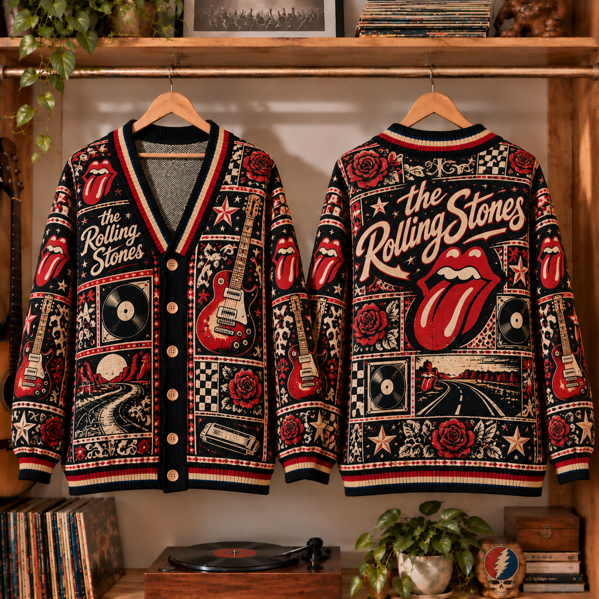 The Rolling Stones Knit Cardigan - Official Classic Rock Merchandise, Vintage Style Long Sleeve Button Down Outerwear Fan Gift