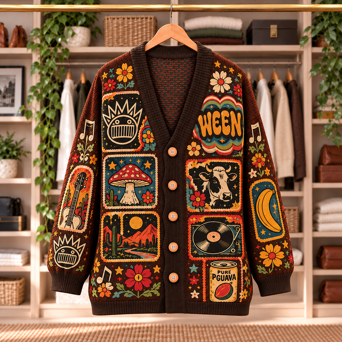 Ween Patchwork Knitted Cardigan - Casual Button Sweater, Boognish Pure Guava Alternative Rock Music Fan Gift