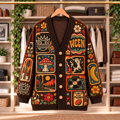 Ween Patchwork Knitted Cardigan - Casual Button Sweater, Boognish Pure Guava Alternative Rock Music Fan Gift