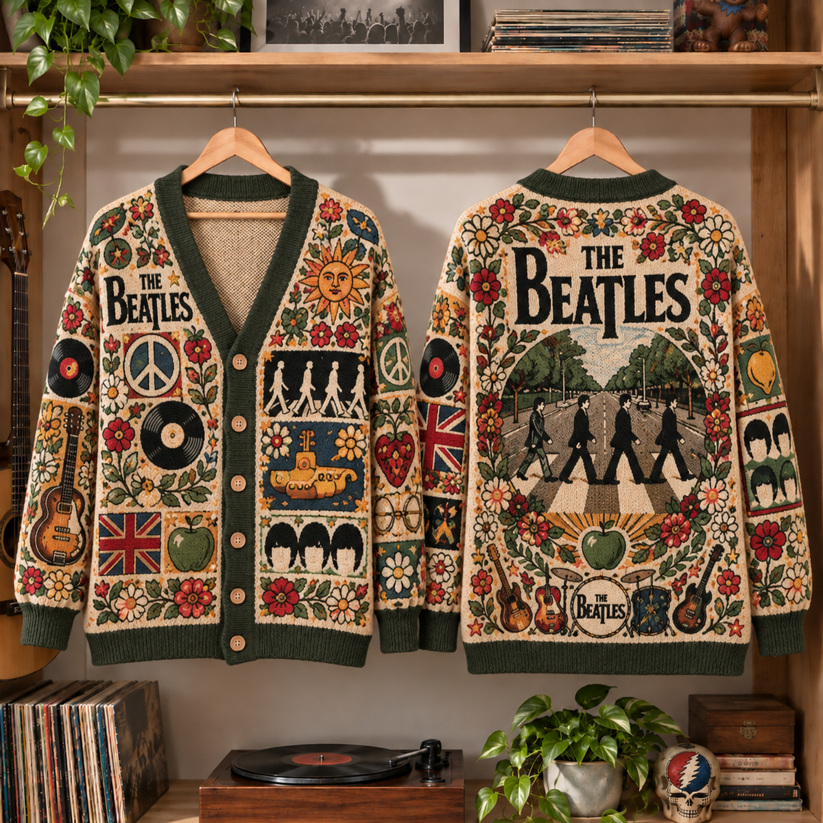 The Beatles Retro Rock Knit Cardigan - Vintage Style British Rock Button Down Sweater, Unique Yellow Submarine Band Merchandise Fan Outfit