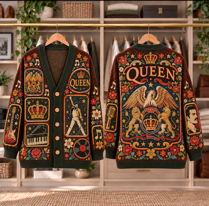 Queen Patchwork Knitted Cardigan - Casual Oversized Button Sweater, Freddie Mercury Crown Rock Music Fan Gift