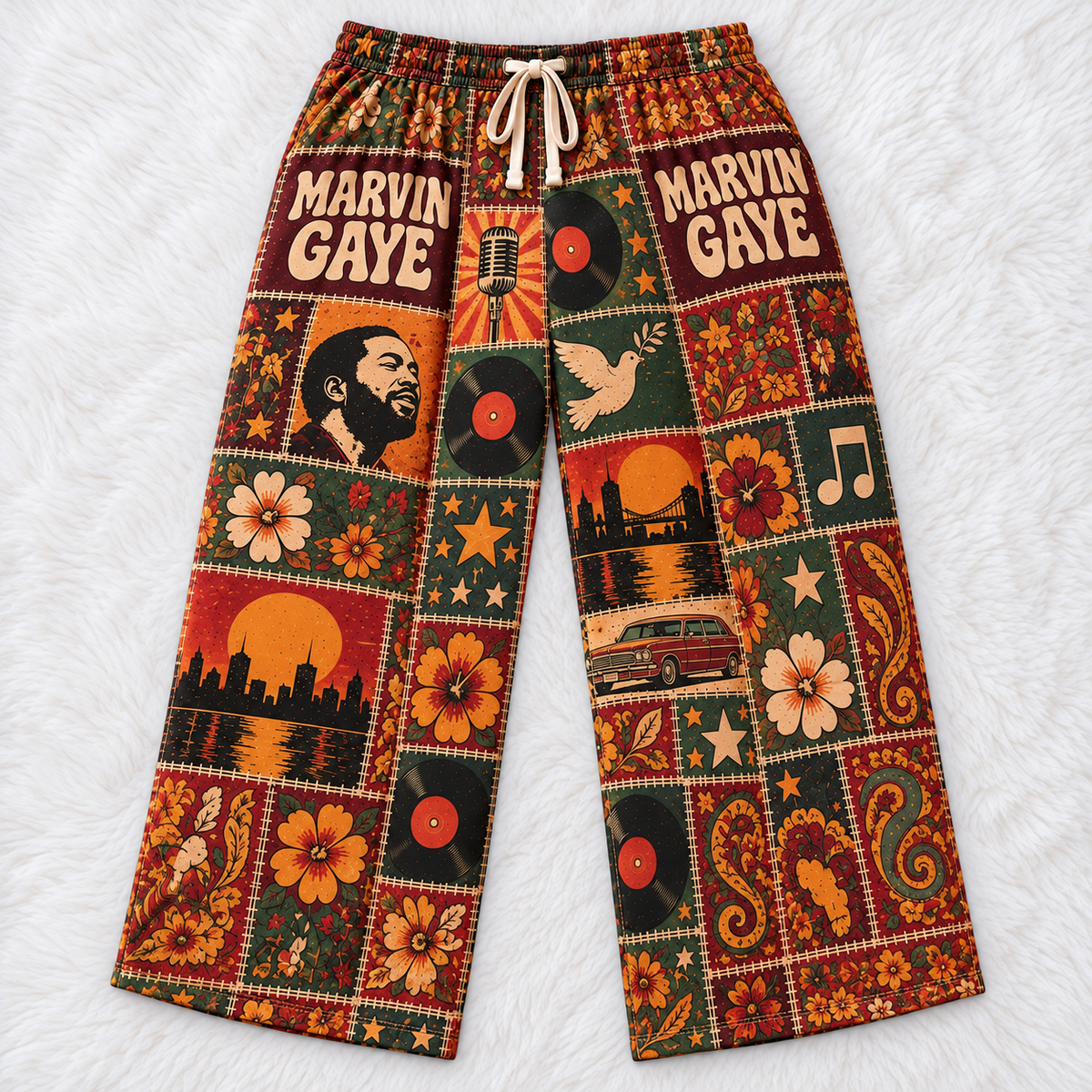 Marvin Gaye Pajama Pants - Vintage Patchwork Soul Music Portrait & Vinyl Art Lounge Pants with Elastic Waistband, Adjustable Drawstring