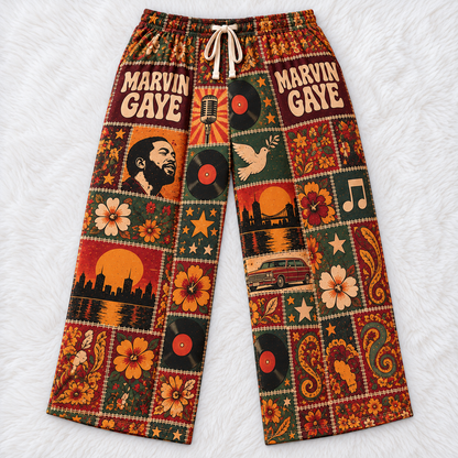 Marvin Gaye Pajama Pants - Vintage Patchwork Soul Music Portrait & Vinyl Art Lounge Pants with Elastic Waistband, Adjustable Drawstring