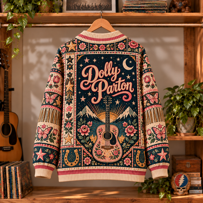 Dolly Parton Knit Cardigan - Official Country Music Merchandise, Vintage Style Long Sleeve Button Down Outerwear Fan Gift