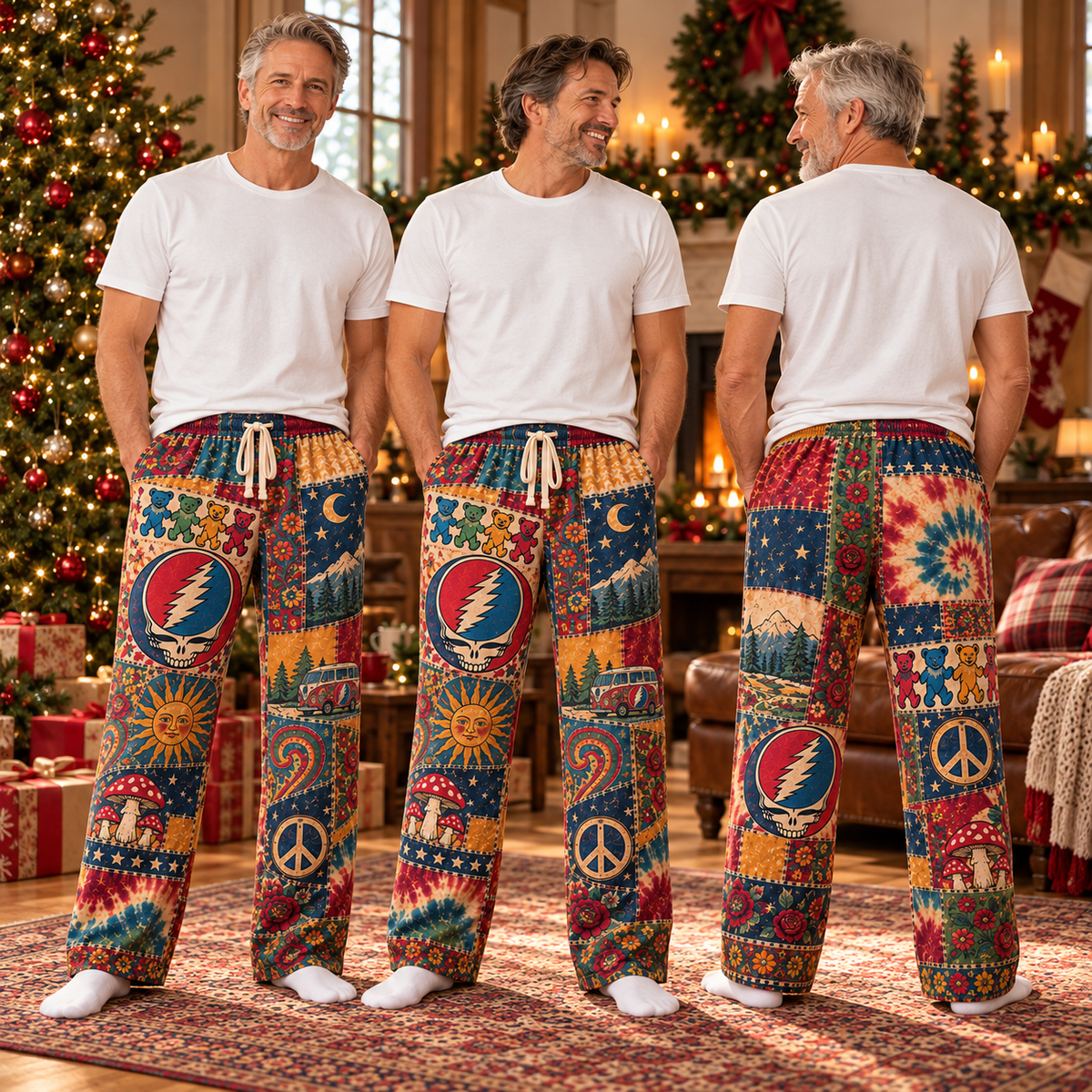 Grateful Dead Rock Band Pajama Pants - Christmas Holiday Lounge Pants, Deadhead Fan Sleepwear & Gift for Men